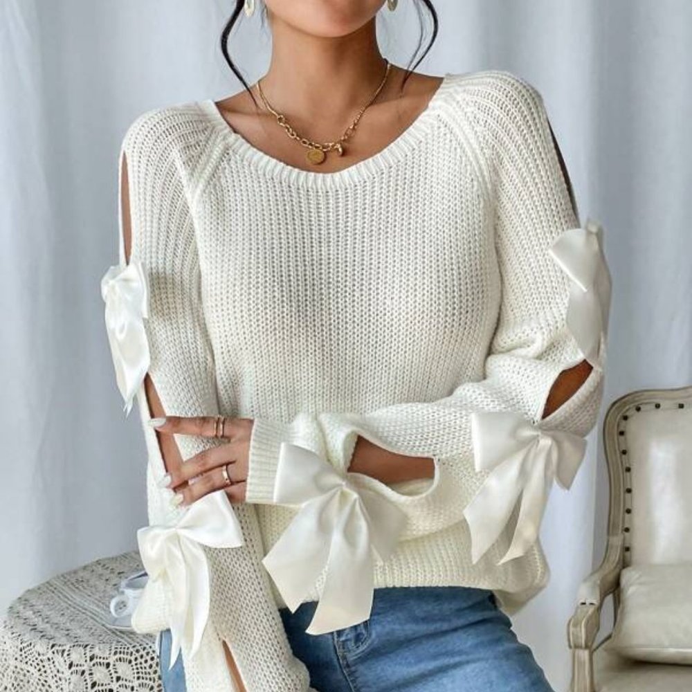 Beige Cut Out Bow Raglan Sleeve Pullover Sweater